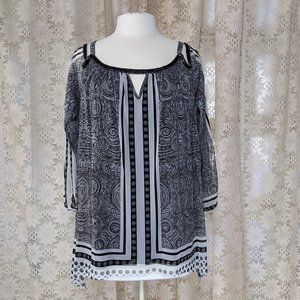 Off the shoulder black and white blouse with beaded detail, NWT